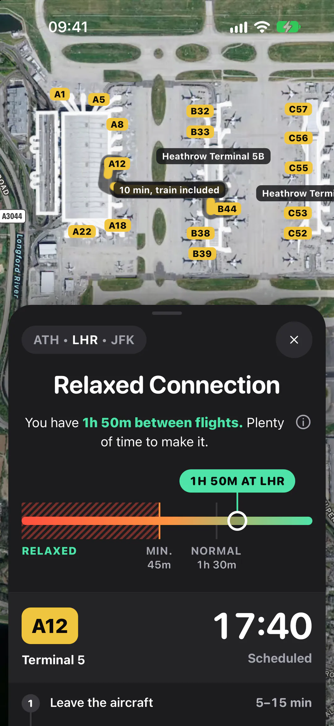 A connection at Heathrow: a relaxed layover, with the walk between gates drawn on the terminal map.