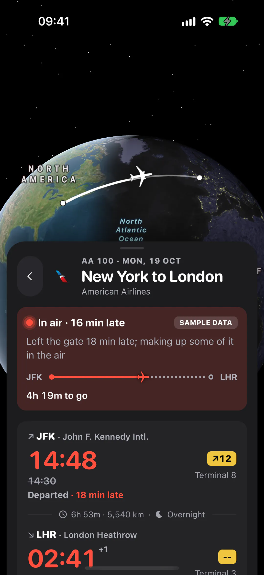 A flight page for a flight in the air from New York to London: 16 minutes late, with the departure time, gate and terminal.