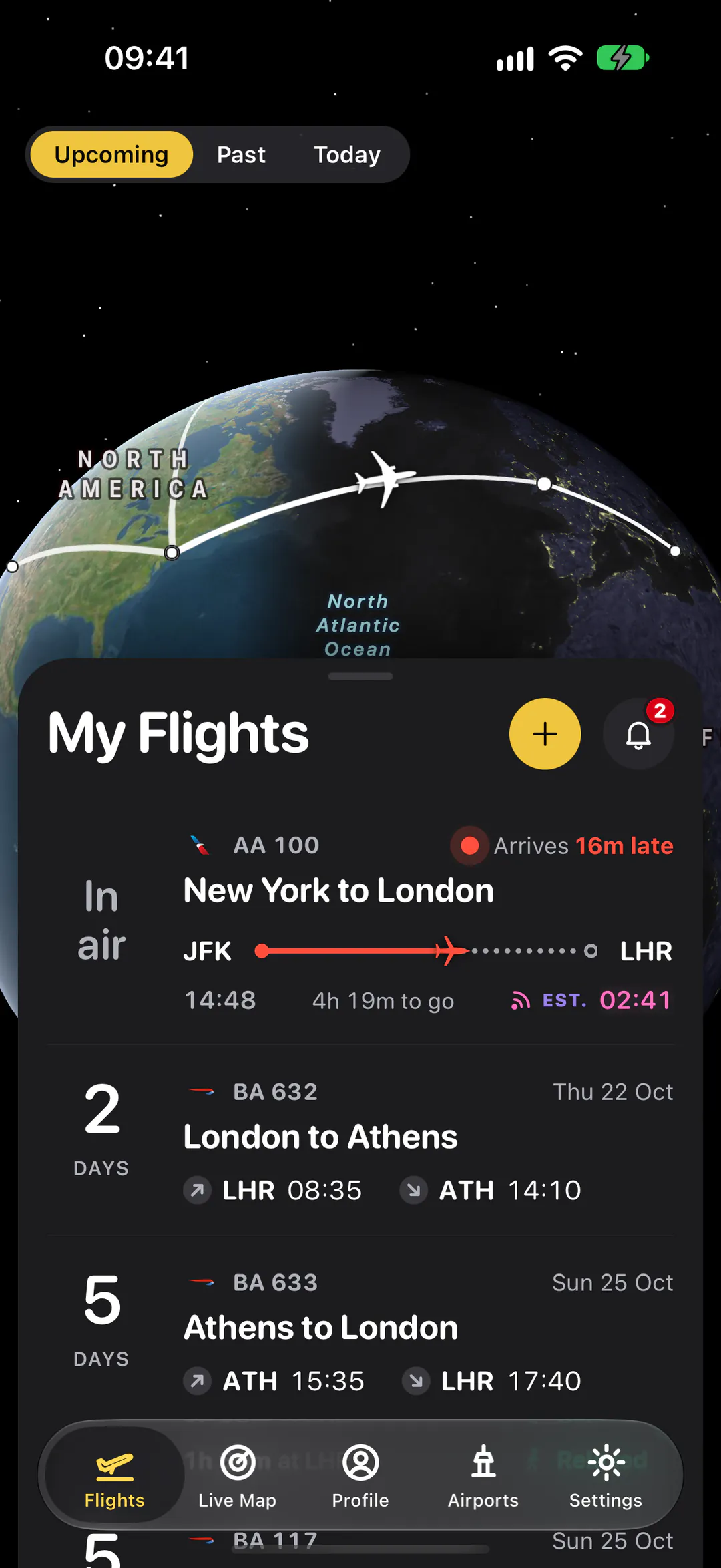 Squawk's My Flights screen: flights drawn on a 3D globe above a list of upcoming trips, one in the air from New York to London.