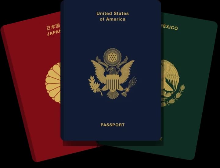 Three passport covers as Squawk draws them, fanned out: Japan, the United States and Mexico.
