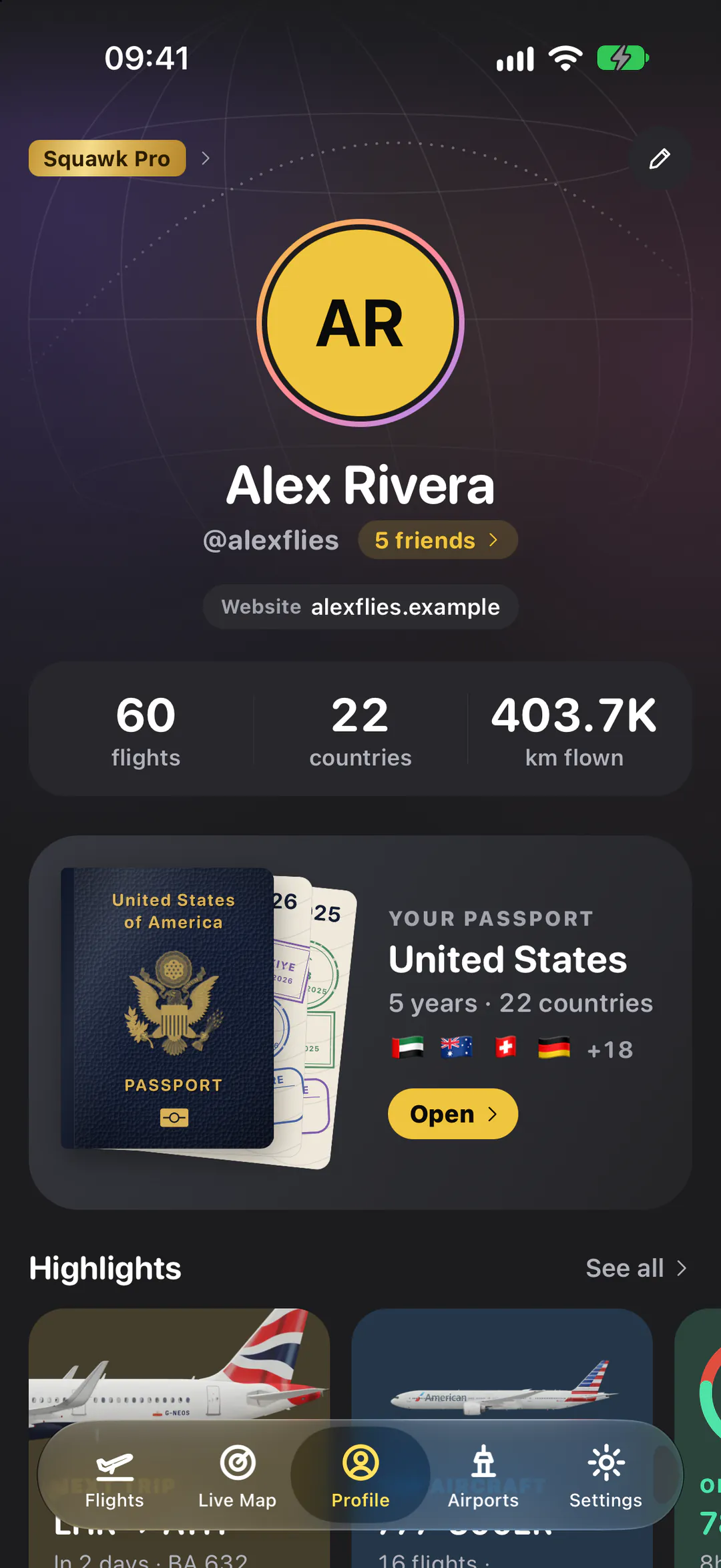 A traveller's profile: flights, countries and distance flown, their passport and highlight cards.