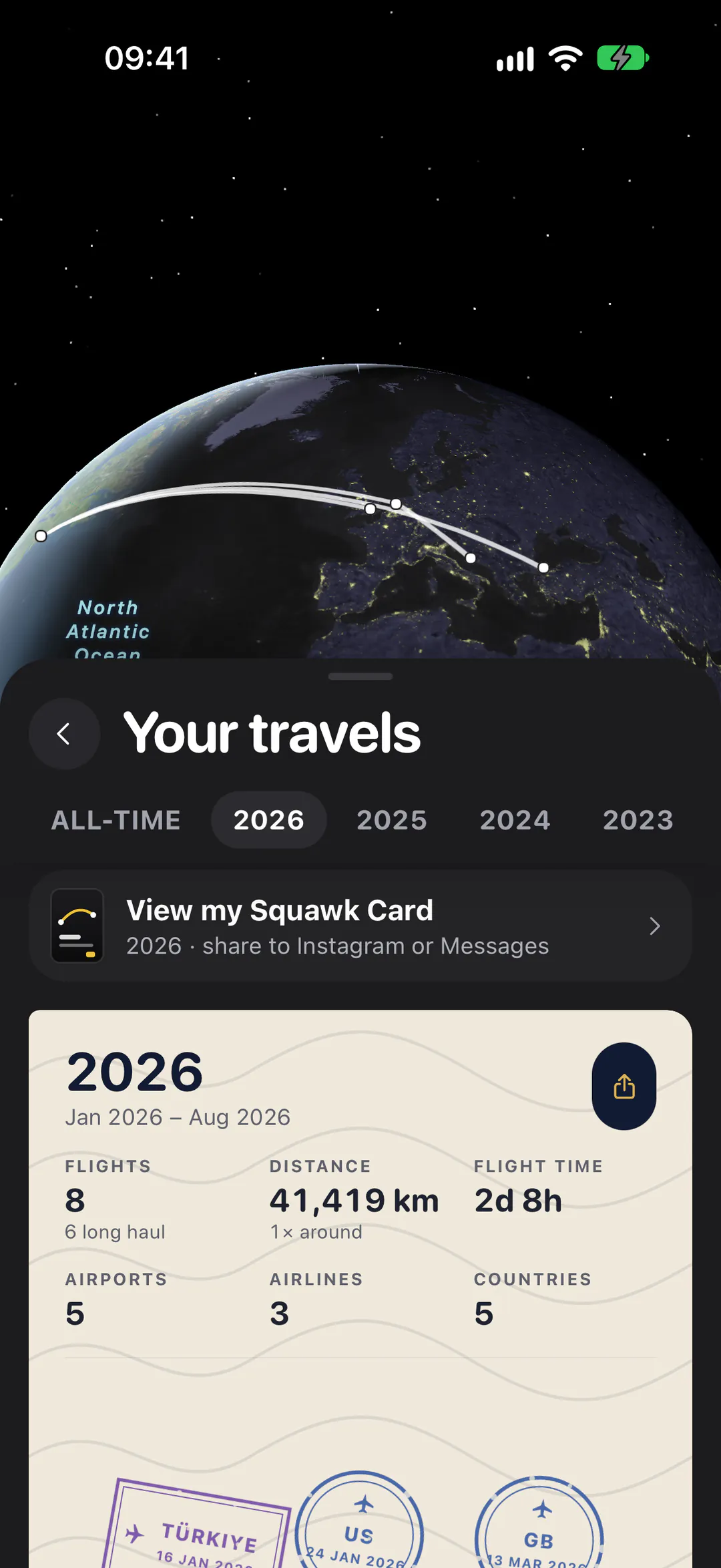 Your travels: the routes flown drawn on a globe, above the year tabs and a passport page.