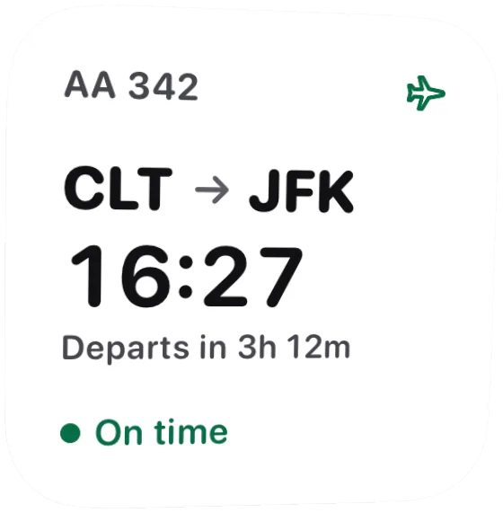 Squawk's small Next flight widget: AA 342 from Charlotte to New York JFK, departing 16:27, on time.